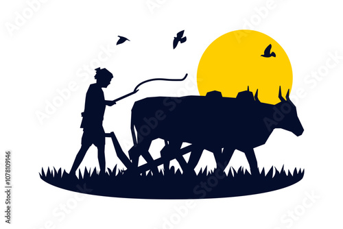 Vector illustration of farmer ploughing with bullocks on transparent background