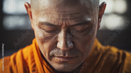 A monk in an orange robe, deeply reflecting with closed eyes, embodying tranquility and meditation in a softly lit environment.