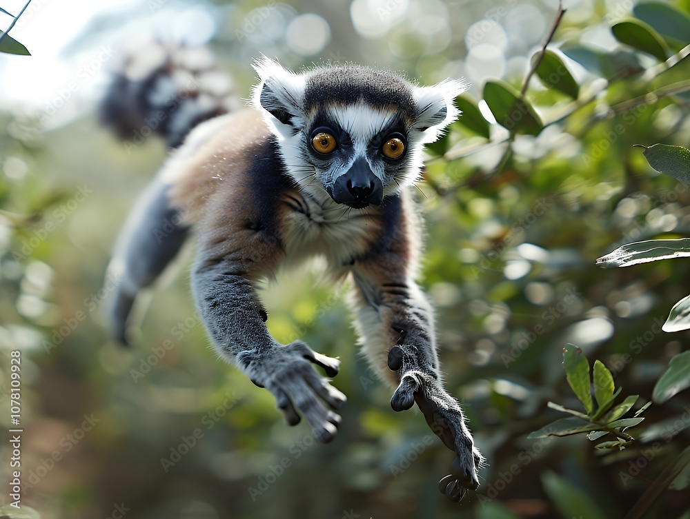 Fototapeta premium Ring-tailed Lemur Leaping Through the Jungle