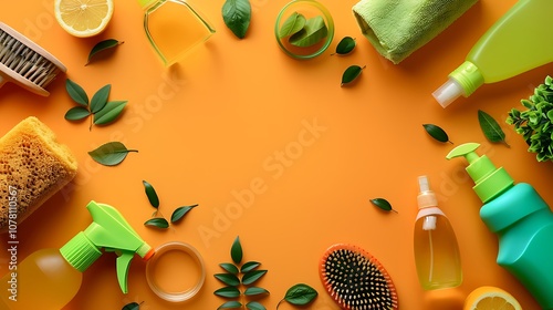 On an orange background cleaners with brown and green spray cups and a cleansing brush