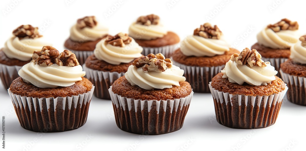 Eight frosted cupcakes decorated with pecans on a white background.