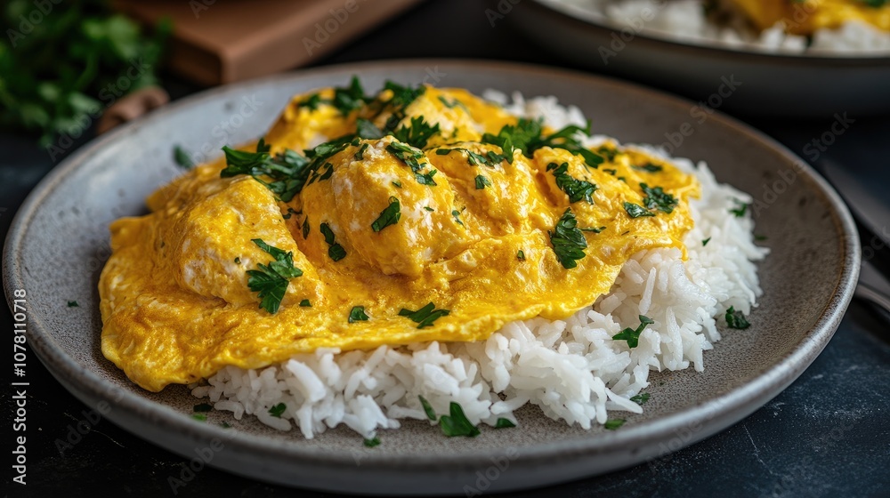 Delicious Homemade Omelette with Soft Rice Garnished with Fresh Cilantro on a Rustic Plate in a Cozy Setting Perfect for Food Photography Delicious Homemade Omelette with Soft Rice Garnished with Fresh Cilantro on a Rustic Plate in a Cozy Setting Perfect for Food Photography