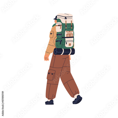 Hiker with backpack in adventure. Tourist backpacker walking, hiking, carryin...