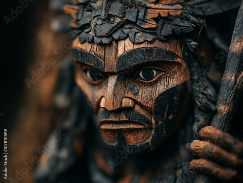 Macro view of intricate carvings on a wooden totem pole photo