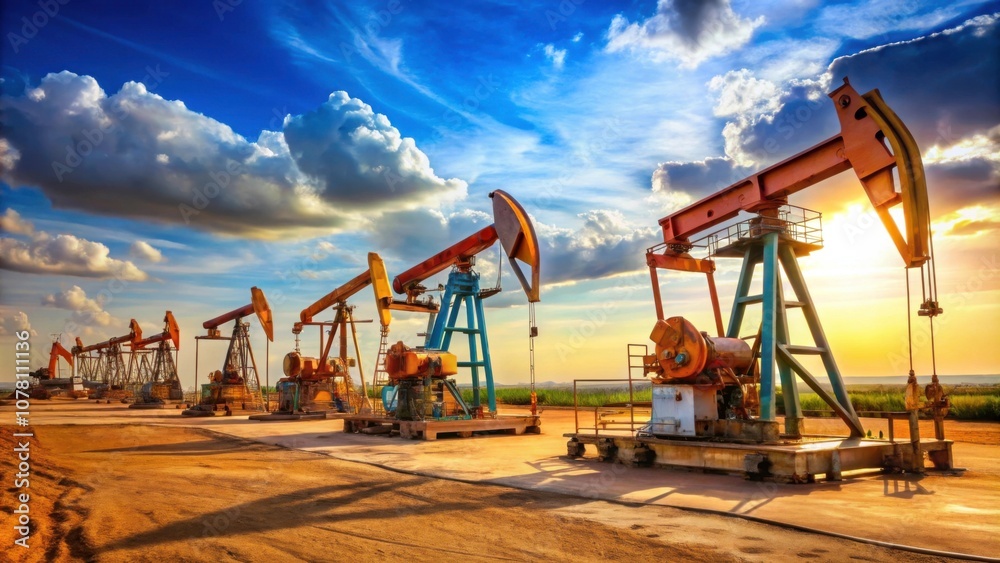 Oilfield with multiple pump units in operation, oilfield, pump units, energy, drilling, extraction, machinery, industry Oilfield with multiple pump units in operation, oilfield, pump units, energy, drilling, extraction, machinery, industry