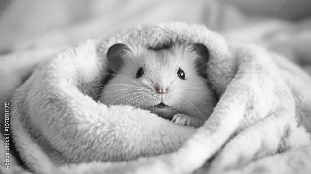 A small white hamster snuggles in a fluffy blanket. A small white hamster snuggles in a fluffy blanket.