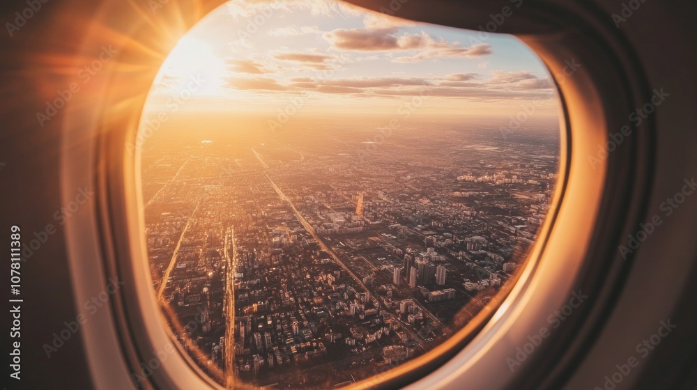 View through an airplane window showing a cityscape with tall buildings and streets below. View through an airplane window showing a cityscape with tall buildings and streets below.