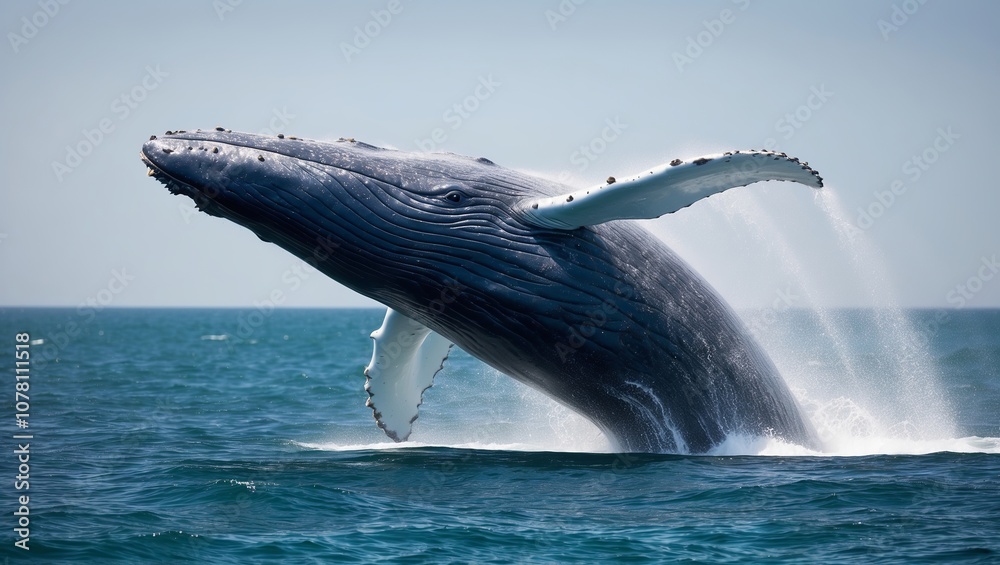 Fototapeta premium A blue whale breaching against a turquoise ocean backdrop. Created with Generative AI Technology