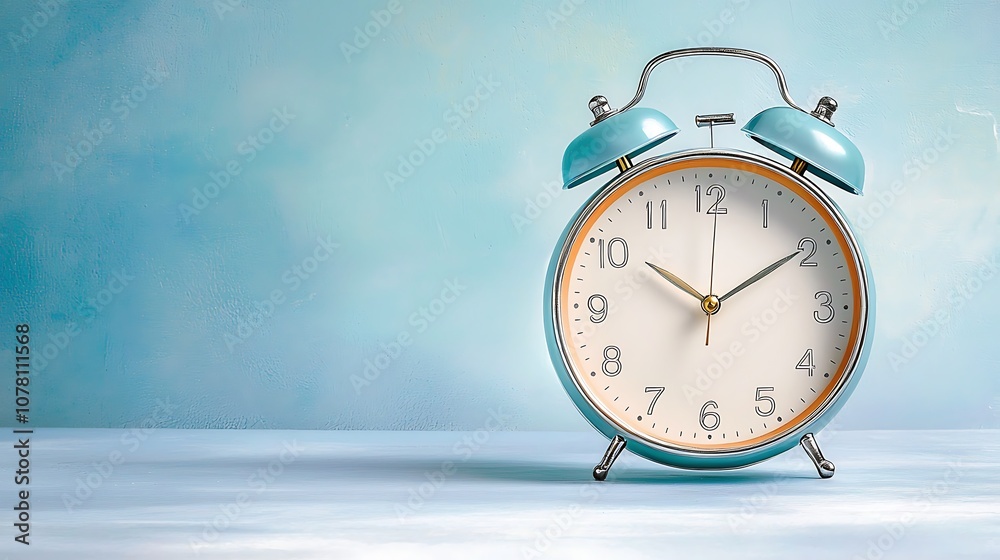 Retro alarm clock with a classic round shape and bold numbers, featuring a silver metallic frame and two small bells on top, set on a soothing pastel blue background