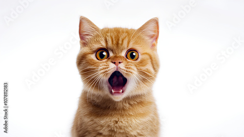 Angry and surprised cat isolated on white background with a funny and excited expression