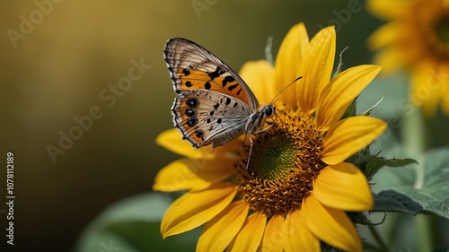 A butterfly perched on a bright yellow sunflower, captured with vivid macro details. Created with Generative AI Technology
