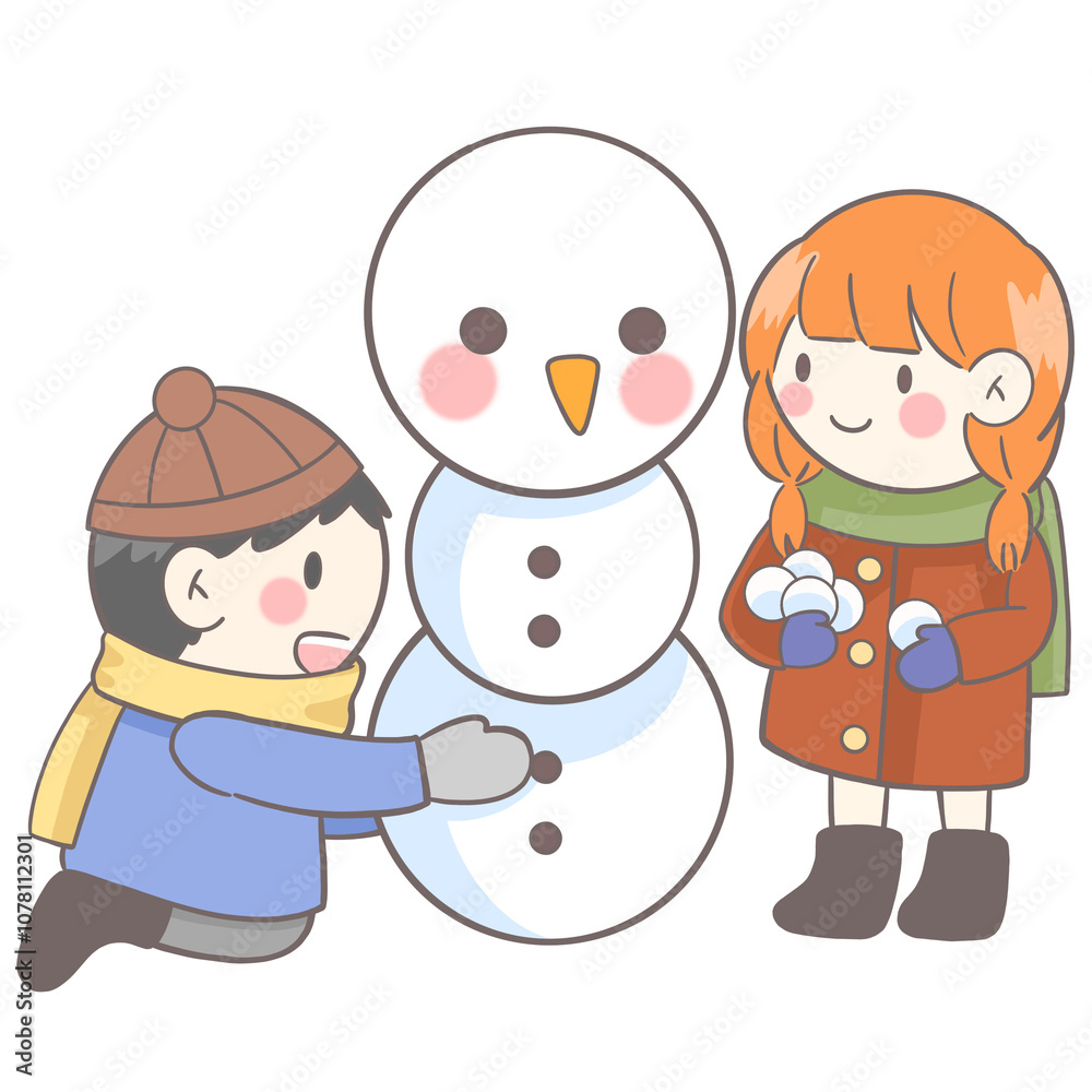 Cartoon boy and girl wearing hats and scarves are helping to make a snowman Cartoon boy and girl wearing hats and scarves are helping to make a snowman