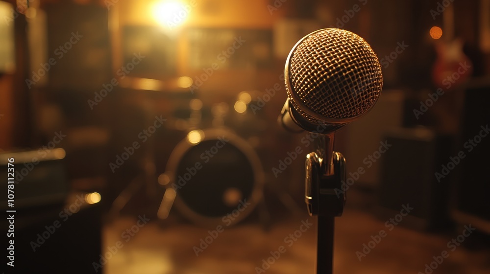 Close up of microphone with blurred speaker, focus on anticipation before speech, electrifying atmosphere, surreal, composite, bustling conference room backdrop