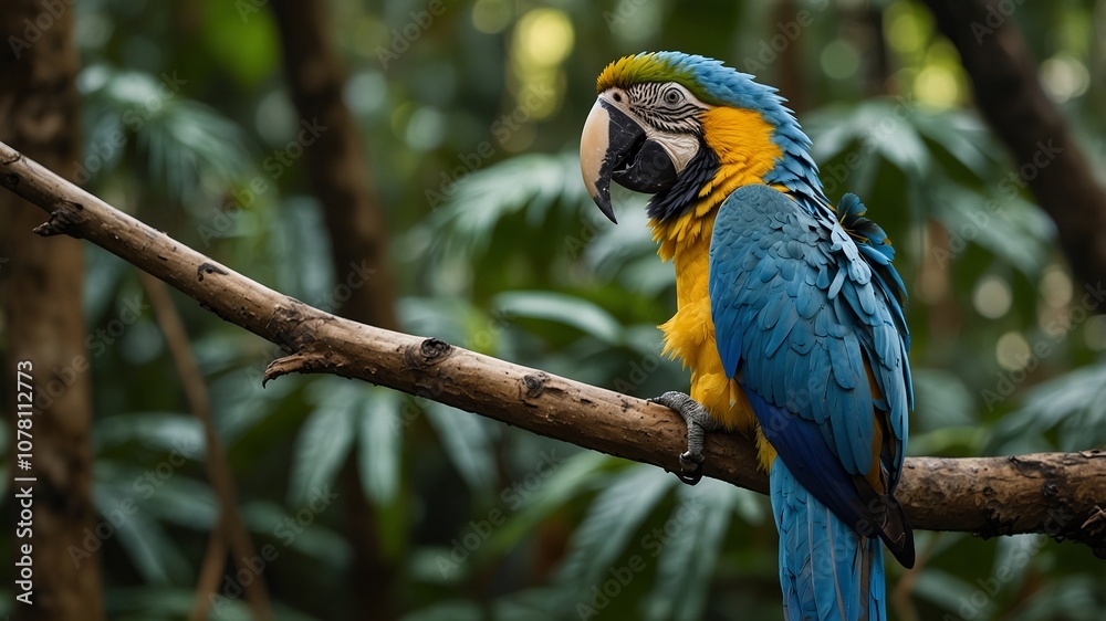 A colorful toucan perched on a tropical tree branch with lush greenery. Created with Generative AI Technology A colorful toucan perched on a tropical tree branch with lush greenery. Created with Generative AI Technology