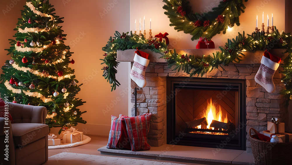 Cozy living room with decorated fireplace, Christmas tree, and presents for the holidays. Cozy living room with decorated fireplace, Christmas tree, and presents for the holidays.