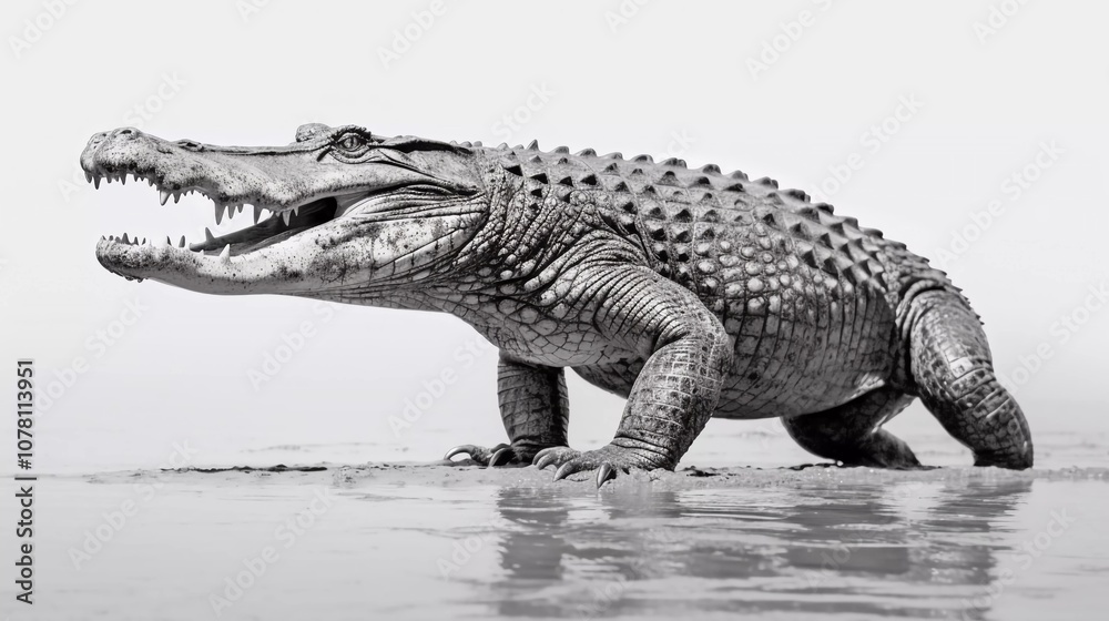 A black-and-white image of a crocodile on a wet surface, showcasing its powerful stance. A black-and-white image of a crocodile on a wet surface, showcasing its powerful stance.