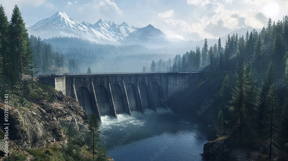 A large concrete dam with a river flowing over it, surrounded by mountains and forests.