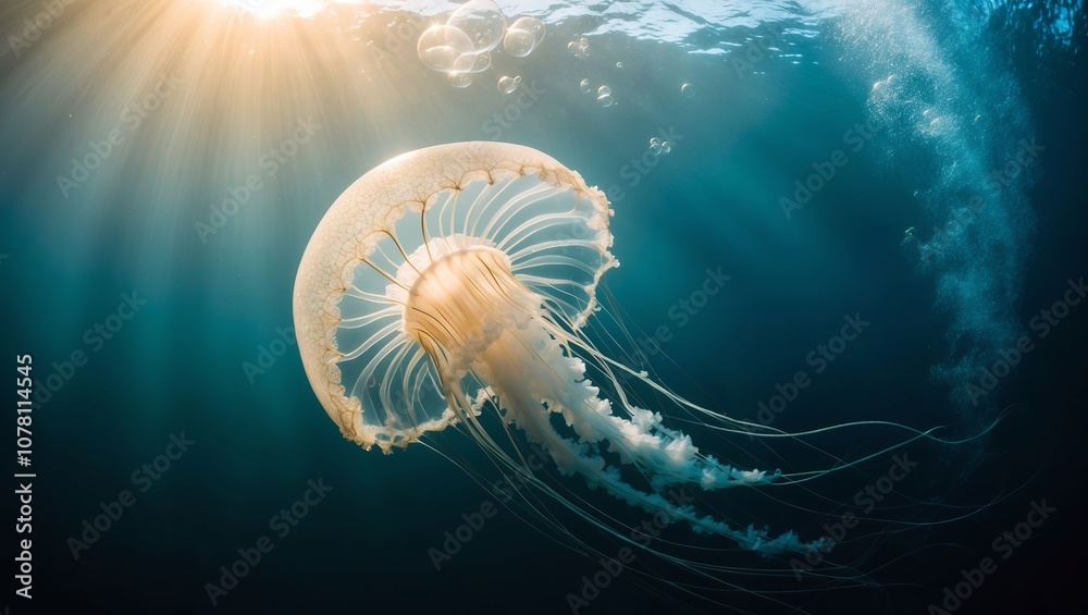 Fototapeta premium A jellyfish floating gracefully in a deep blue ocean with sunlit highlights. Created with Generative AI Technology