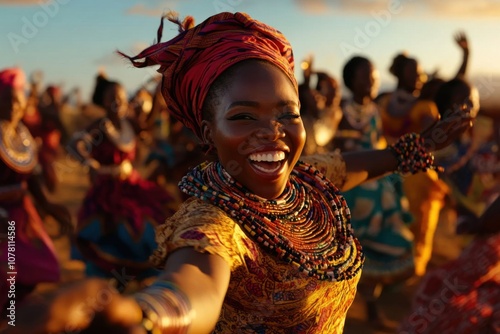 African woman dancing with her tribe at sunset celebration photo