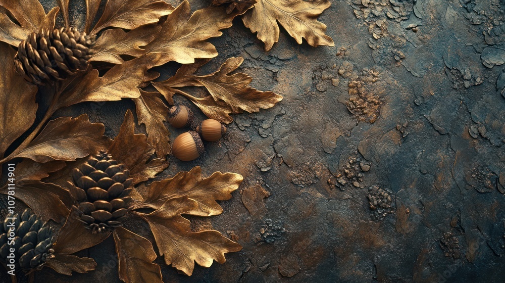 Golden autumn leaves, acorns and pine cones on a dark textured background, with copy space. Golden autumn leaves, acorns and pine cones on a dark textured background, with copy space.