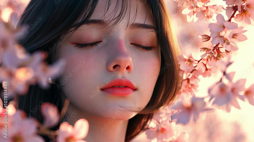 A young woman with dark hair and closed eyes stands in a field of delicate pink blossoms A young woman with dark hair and closed eyes stands in a field of delicate pink blossoms