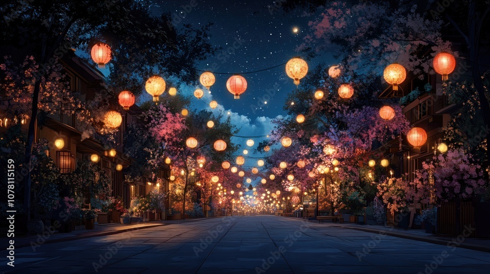 A charming street lined with glowing lanterns, creating a magical atmosphere under a starry sky. A charming street lined with glowing lanterns, creating a magical atmosphere under a starry sky.