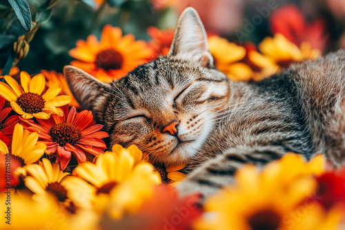 Peaceful cat napping among colorful chrysanthemums for relaxation theme photo