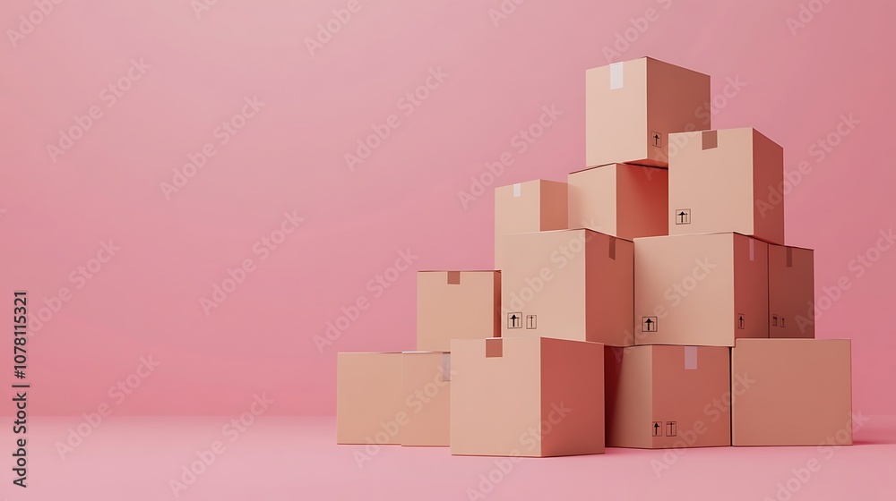 A stack of cardboard boxes arranged on a pink background, suggesting storage or shipping purposes. A stack of cardboard boxes arranged on a pink background, suggesting storage or shipping purposes.
