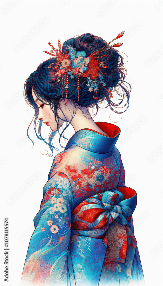 Fototapeta premium 日本画(Japanese painting)/美人画 美女 着物 anime イラス