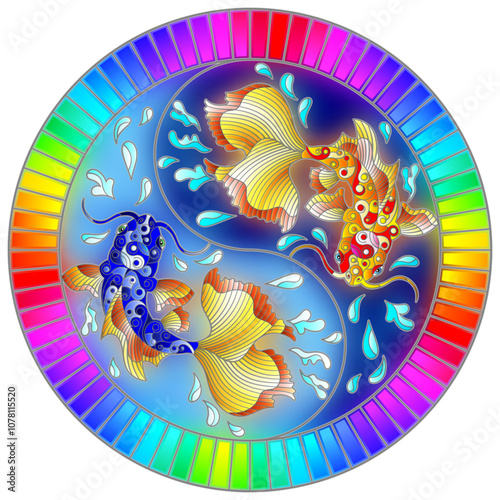 An illustration in the style of a stained glass window with koi carp on a background of water in the form of a yin yang sign