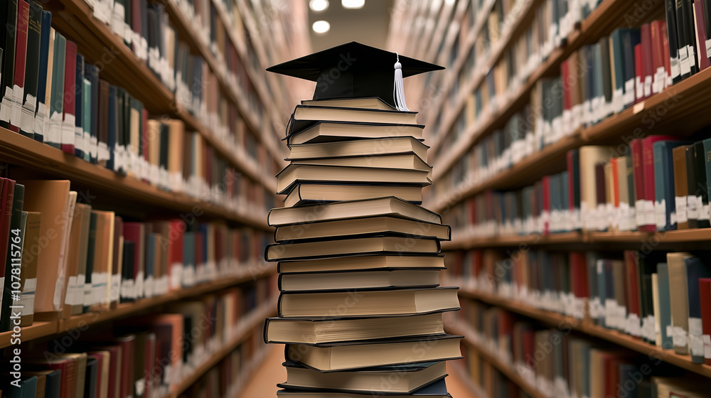 Tall stack of books with a graduation cap balanced on top, surrounded by quiet rows of library shelves, symbolizing the heights of academic success Tall stack of books with a graduation cap balanced on top, surrounded by quiet rows of library shelves, symbolizing the heights of academic success
