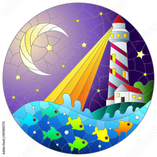 A stained glass illustration with a seascape, a lighthouse against the background of the night sky and water
