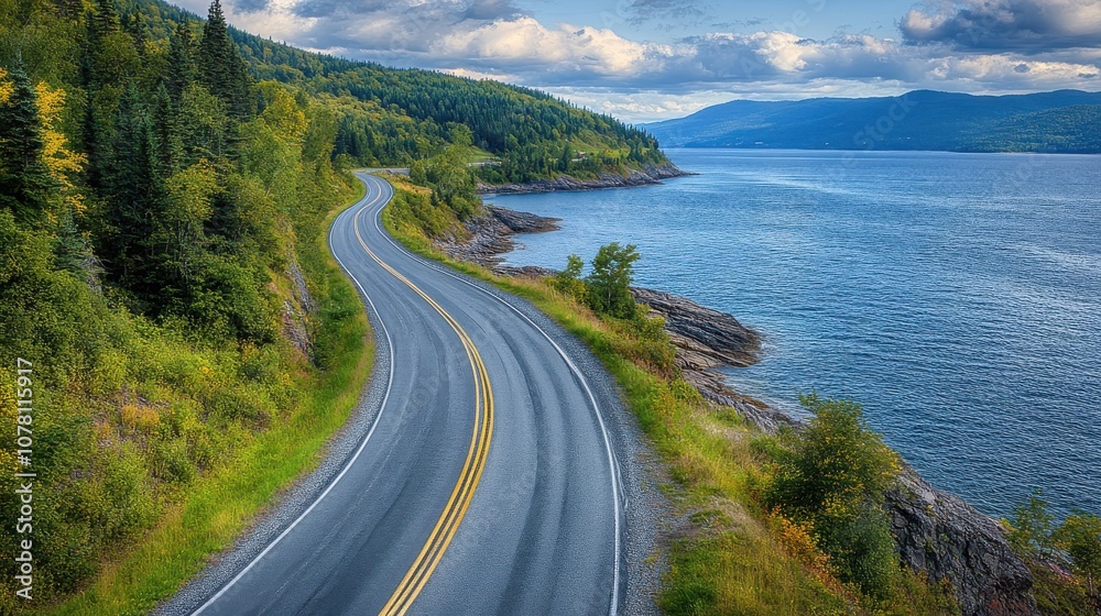 Bird's-eye view of a coastal bike track along the shoreline, empty and scenic, no people, stunning natural surroundings, high resolution stock photo Bird's-eye view of a coastal bike track along the shoreline, empty and scenic, no people, stunning natural surroundings, high resolution stock photo
