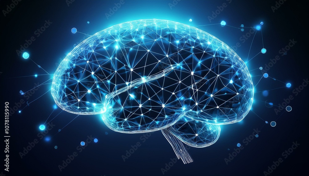 Digital brain shaped with blue neural connection lines and glowing dots Digital brain shaped with blue neural connection lines and glowing dots