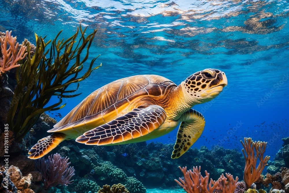 Fototapeta premium A sea turtle gliding through clear, blue waters surrounded by colorful coral. Created with Generative AI Technology