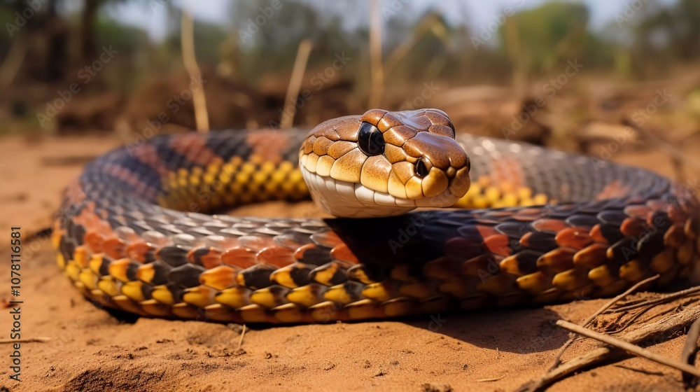 Fototapeta premium A close-up of a colorful snake resting on the ground in a natural environment.