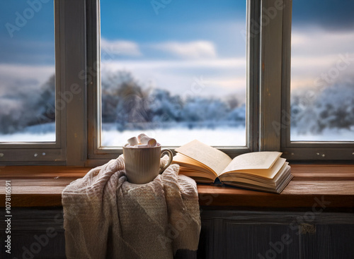 A warm beverage with marshmallows sits on a window sill with an open book and a blanket, overlooking a snowy landscape. photo