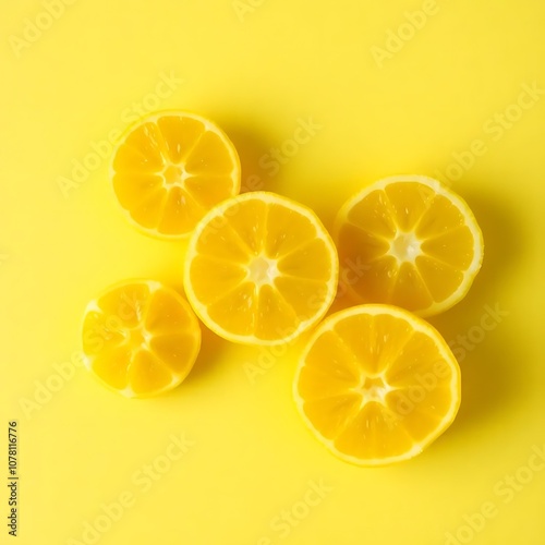 Bright yellow citrus slices arranged neatly on a matching yellow background for a fresh, vibrant look.