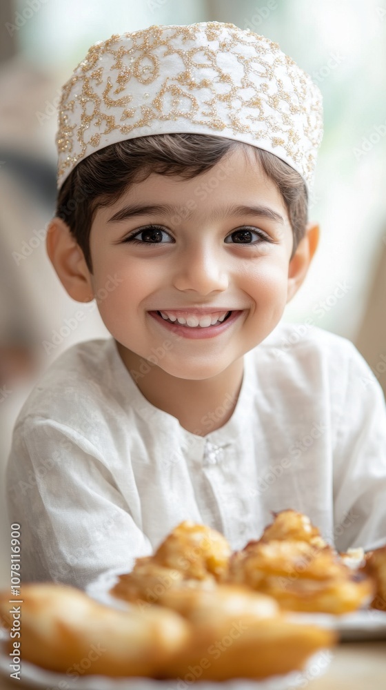 A joyful Muslim child enjoys delicious Eid food, surrounded by festive decorations and flavors A joyful Muslim child enjoys delicious Eid food, surrounded by festive decorations and flavors