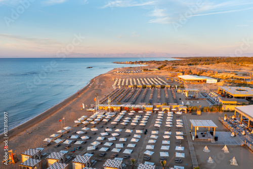 Gündoğdu holiday tourist region. Summer vacation on beach, Hotels sea, beach, coast, water sports and sun. Drone Aerial view. Mediterranean,  Manavgat - Alanya - TURKEY photo