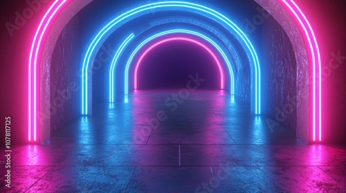 A neon-lit corridor with vibrant blue and pink arches creating a futuristic atmosphere.