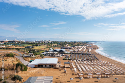 Fototapeta Naklejka Na Ścianę i Meble -  Gündoğdu holiday tourist region. Summer vacation on beach, Hotels sea, beach, coast, water sports and sun. Drone Aerial view. Mediterranean,  Manavgat - Alanya - TURKEY