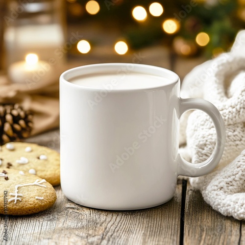 White blank Ceramic Mug On Christmas Table. Generative Ai Art.