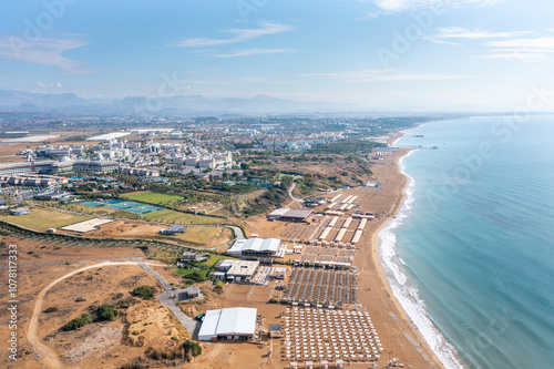 Fototapeta Naklejka Na Ścianę i Meble -  Gündoğdu holiday tourist region. Summer vacation on beach, Hotels sea, beach, coast, water sports and sun. Drone Aerial view. Mediterranean,  Manavgat - Alanya - TURKEY