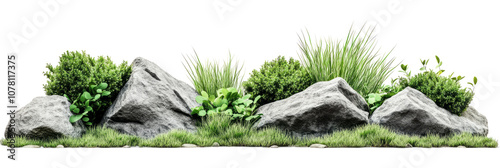 Gray rock formation with green plants photo