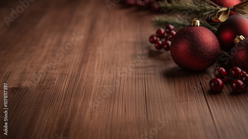 Bright red ornaments with shimmering gold ribbons and holly berries, delicately arranged in the corner of a polished wood background with fine grain