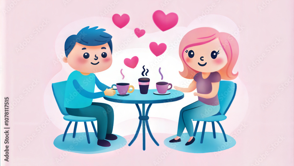 Cartoon Couple Having Coffee Date with Hearts for Valentine's Day Theme Cartoon Couple Having Coffee Date with Hearts for Valentine's Day Theme