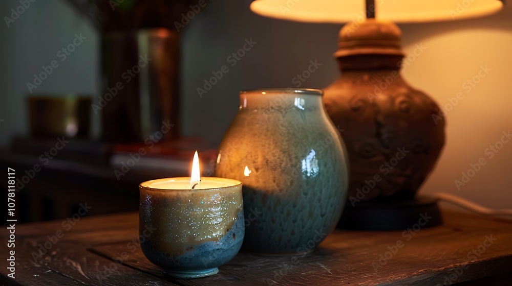 Opulent fragrant candle and lamp in a pottery vessel Opulent fragrant candle and lamp in a pottery vessel