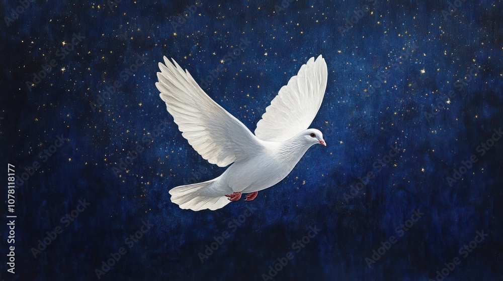 Obraz premium A white dove soars through a starry night sky, symbolizing peace and hope.