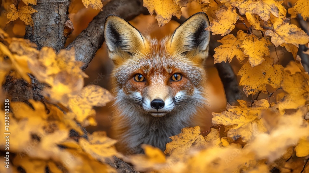 Fototapeta premium A red fox with orange fur and a black nose peers out from behind a clump of yellow autumn leaves.